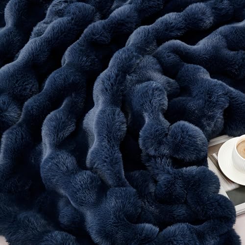 JONIYEAR Soft Fuzzy Bubble Faux Rabbit Fur Throw Blanket for Couch 50" x 60", Double Sided Textured Warm Fluffy Blanket for Winter,Luxury Cozy Puffy Shaggy Comfy Furry Blankets for Sofa Bed, Navy Blue - Image 5