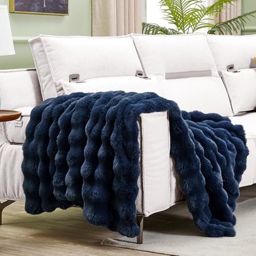 JONIYEAR Soft Fuzzy Bubble Faux Rabbit Fur Throw Blanket for Couch 50" x 60", Double Sided Textured Warm Fluffy Blanket for Winter,Luxury Cozy Puffy Shaggy Comfy Furry Blankets for Sofa Bed, Navy Blue - Image 3