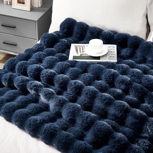 JONIYEAR Soft Fuzzy Bubble Faux Rabbit Fur Throw Blanket for Couch 50" x 60", Double Sided Textured Warm Fluffy Blanket for Winter,Luxury Cozy Puffy Shaggy Comfy Furry Blankets for Sofa Bed, Navy Blue - Image 2