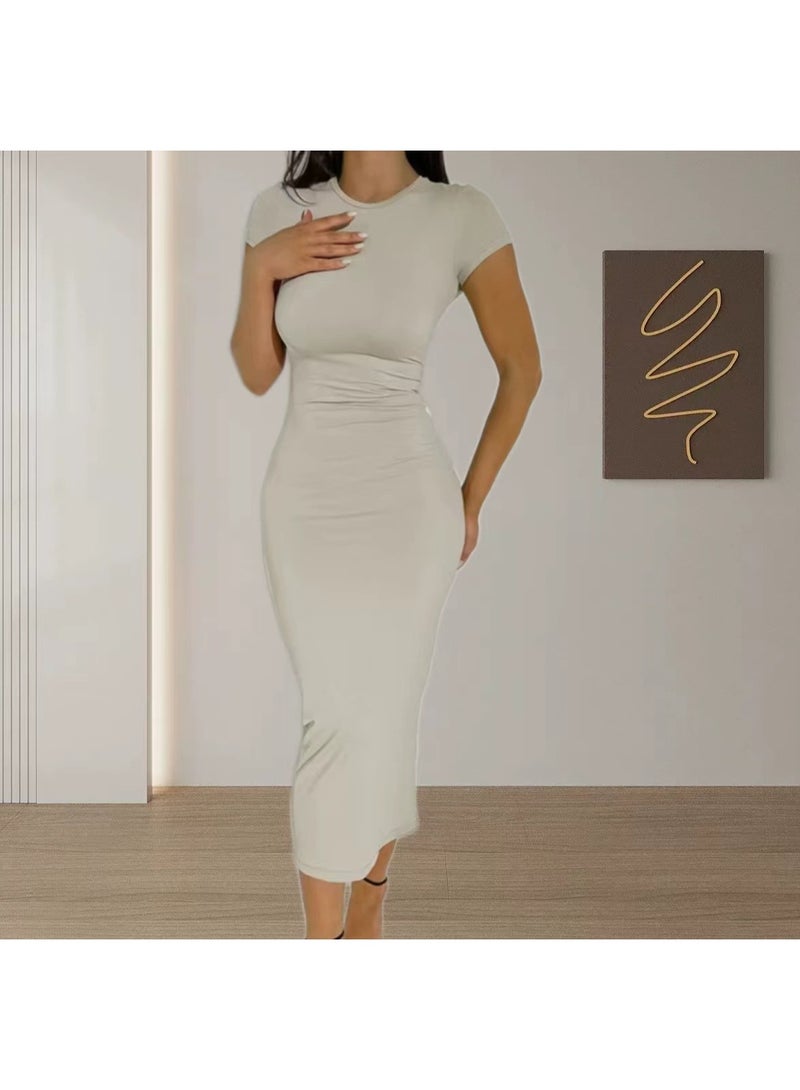 general Modal fabric women's 2026 solid color, elegant and fitted short-sleeved dress - Image 1