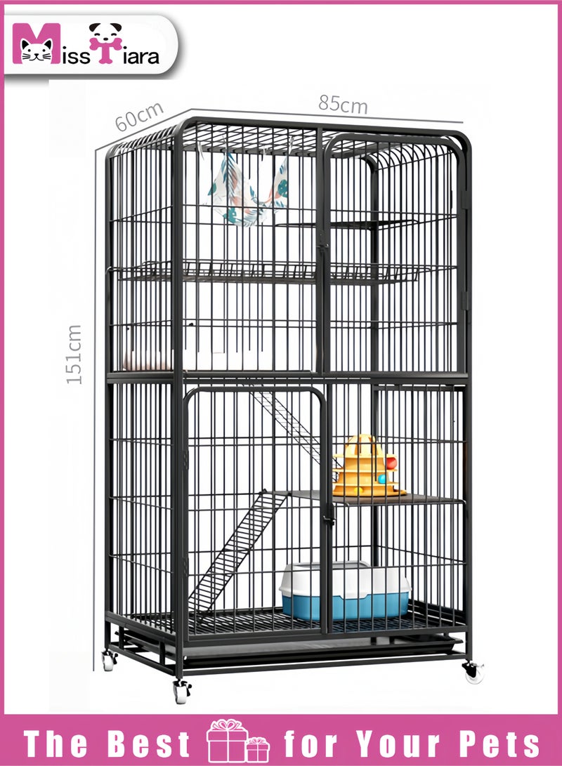 MissTiara Large Multi-Level Indoor Cat Cage Villa, Heavy-Duty Reinforced Metal Cat Enclosure with Platforms, Swing Area, Pull-Out Tray and Lockable Wheels, Rust-Proof Stable Design 85*60*151cm