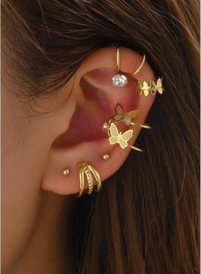 Shein 6-Piece Gold Zirconia & Butterfly Ear Cuff Set - Non-Pierced Clip-On Earrings for Women - Image 1