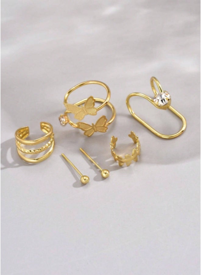 Shein 6-Piece Gold Zirconia & Butterfly Ear Cuff Set - Non-Pierced Clip-On Earrings for Women - Image 2