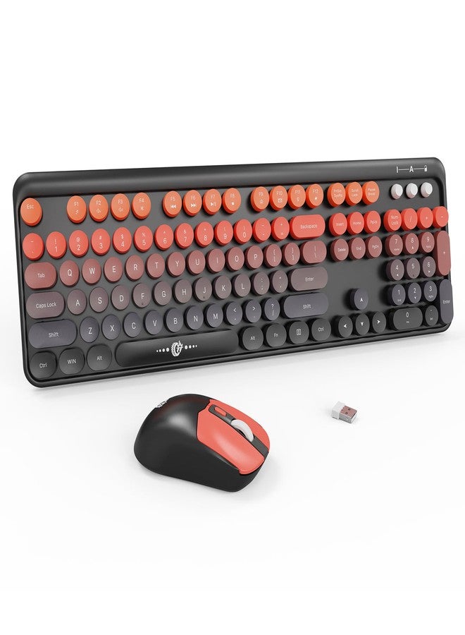 FD Wireless Keyboard and Mouse Combo - 2.4G Full-Sized Cute Colorful Mouse and Keyboard with 104 Round Keys Retro Typewriter Keyboard for Laptop/Windows/PC - Black Orange - Image 1