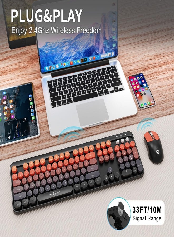 FD Wireless Keyboard and Mouse Combo - 2.4G Full-Sized Cute Colorful Mouse and Keyboard with 104 Round Keys Retro Typewriter Keyboard for Laptop/Windows/PC - Black Orange - Image 2