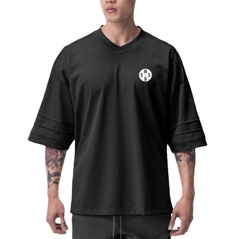 Fitness casual half sleeve half sleeve men''s loose plus size drop shoulder sleeve summer quick-drying mesh training clothes T-shirt - Image 3