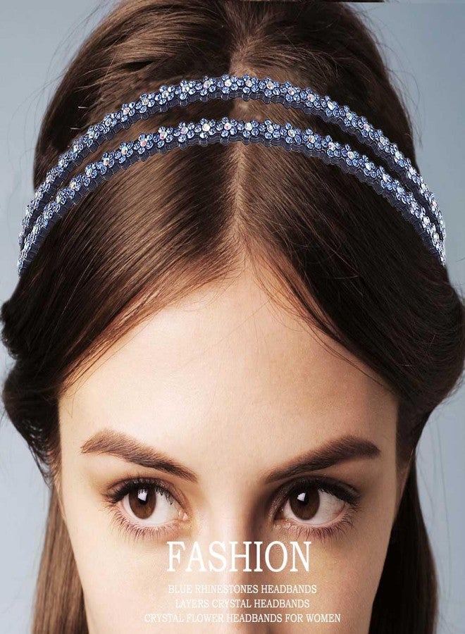 Firuilo Rhinestones Headband Crystal Flower Headbands Blue Double Hairbands for Women - Image 5