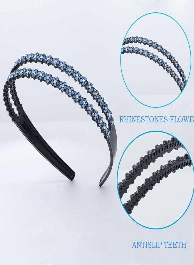 Firuilo Rhinestones Headband Crystal Flower Headbands Blue Double Hairbands for Women - Image 3