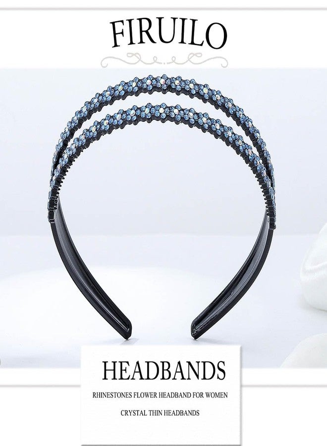 Firuilo Rhinestones Headband Crystal Flower Headbands Blue Double Hairbands for Women - Image 2
