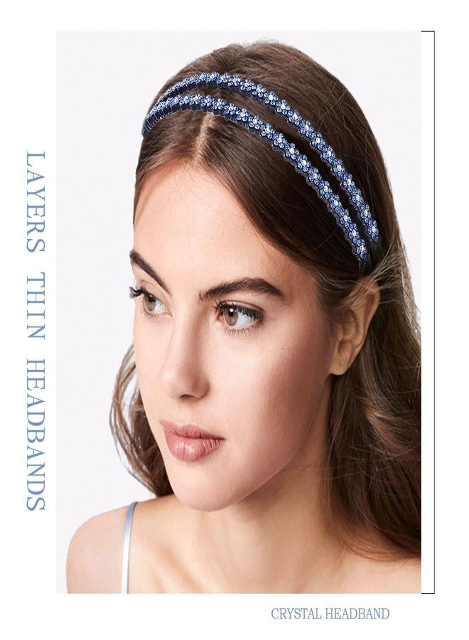 Firuilo Rhinestones Headband Crystal Flower Headbands Blue Double Hairbands for Women - Image 4