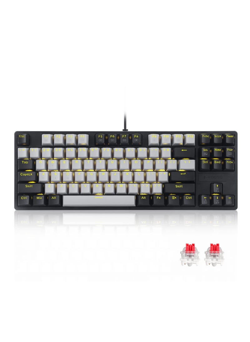 E-YOOSO Z-87 87 Keys Mechanical Keyboard, Red Switch Gaming Keyboard Mini Compact with Yellow Backlit for Windows, Mac OS - Grey Black  - Image 1