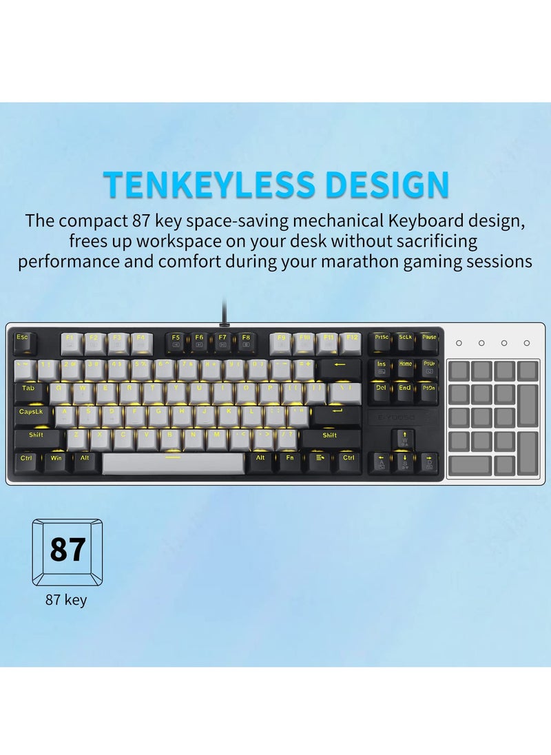 E-YOOSO Z-87 87 Keys Mechanical Keyboard, Red Switch Gaming Keyboard Mini Compact with Yellow Backlit for Windows, Mac OS - Grey Black  - Image 3
