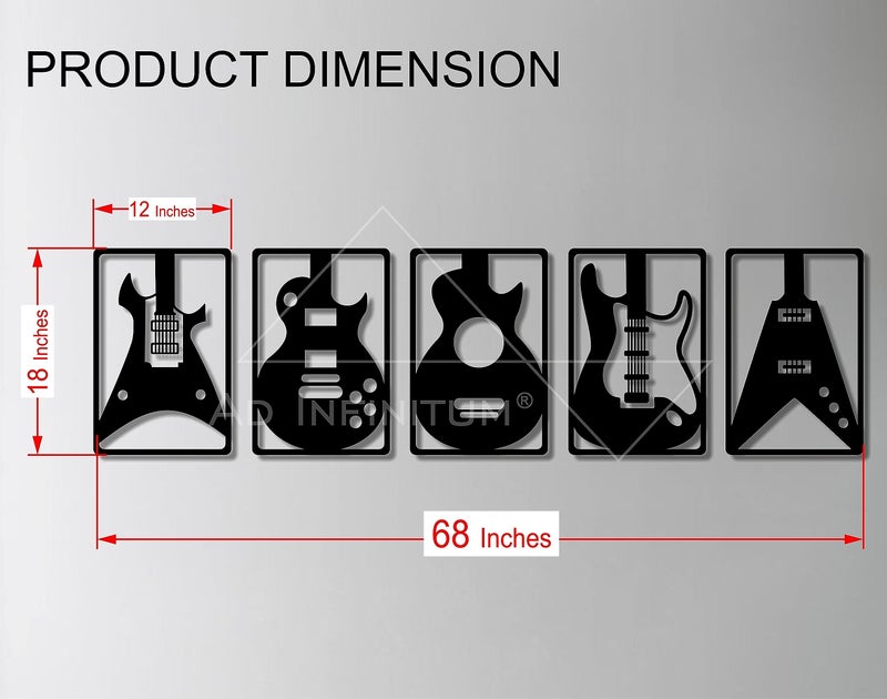 AD INFINITUM® Wooden Wall Art Hanging | Black Designed Wooden Decor Sculptures | Black Wall Art Decoration for Contemporary Home, Above Bed Decor, Bedroom, Living Room, Office etc. (Guitar, set of 5) - Image 3