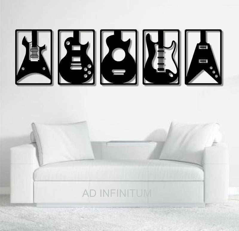 AD INFINITUM® Wooden Wall Art Hanging | Black Designed Wooden Decor Sculptures | Black Wall Art Decoration for Contemporary Home, Above Bed Decor, Bedroom, Living Room, Office etc. (Guitar, set of 5) - Image 1
