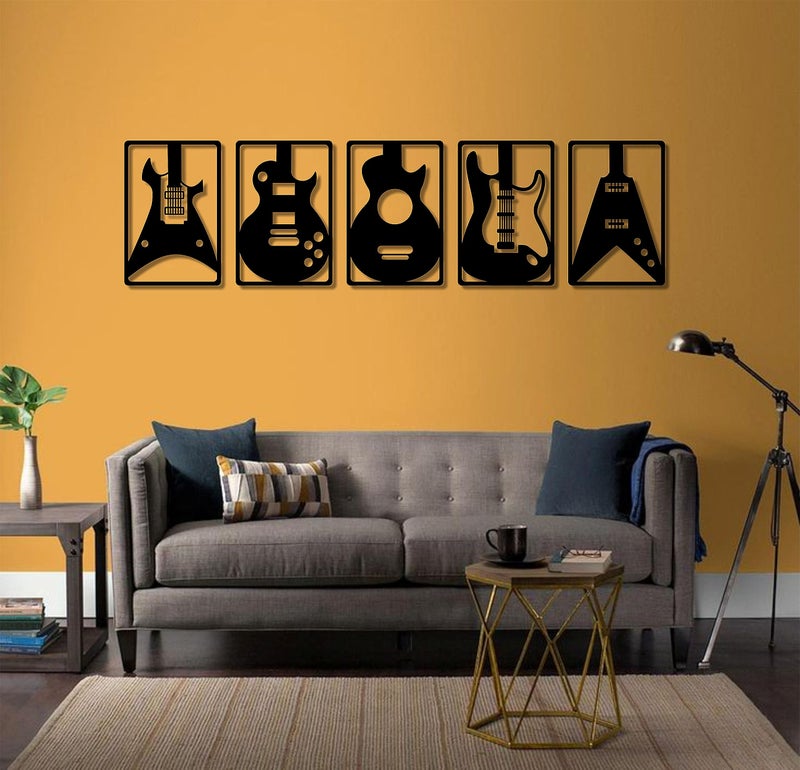 AD INFINITUM® Wooden Wall Art Hanging | Black Designed Wooden Decor Sculptures | Black Wall Art Decoration for Contemporary Home, Above Bed Decor, Bedroom, Living Room, Office etc. (Guitar, set of 5) - Image 2