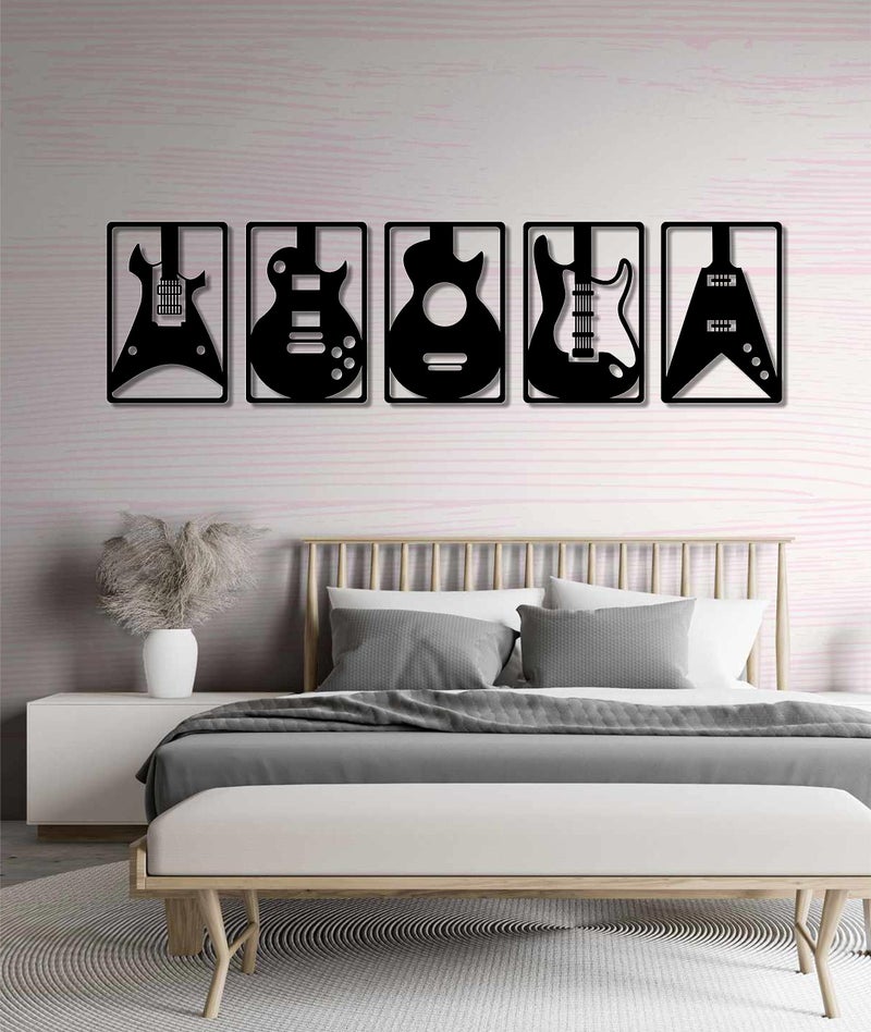 AD INFINITUM® Wooden Wall Art Hanging | Black Designed Wooden Decor Sculptures | Black Wall Art Decoration for Contemporary Home, Above Bed Decor, Bedroom, Living Room, Office etc. (Guitar, set of 5) - Image 5