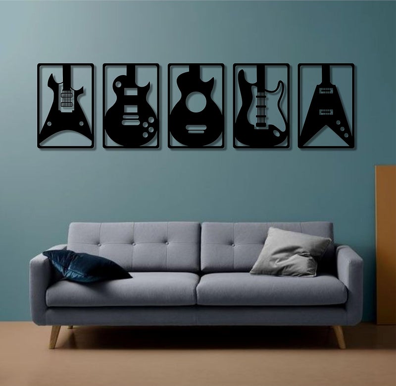 AD INFINITUM® Wooden Wall Art Hanging | Black Designed Wooden Decor Sculptures | Black Wall Art Decoration for Contemporary Home, Above Bed Decor, Bedroom, Living Room, Office etc. (Guitar, set of 5) - Image 4
