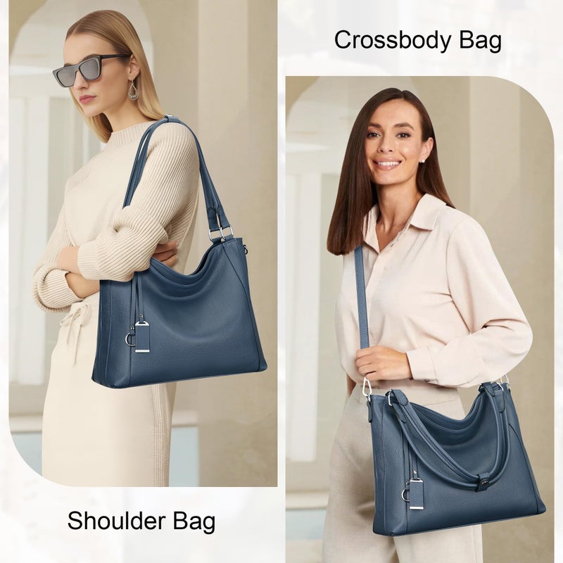 Over Earth Genuine Leather Purses for Women Large Hobo Bags Lady Shoulder Handbags with Detachable Strap (O103E Indigo Blue) - Image 2