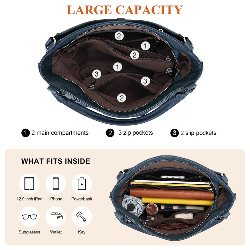 Over Earth Genuine Leather Purses for Women Large Hobo Bags Lady Shoulder Handbags with Detachable Strap (O103E Indigo Blue) - Image 5