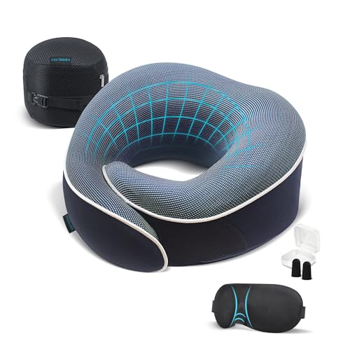 Proglobe Orthopedic Neck Pillow Travel Neck Pillows for Airplanes, Memory Foam Kit, Updated Resting Material, Airplane Travel Set with 3D Contoured Eye Masks, Earplugs, and Luxury Mesh Bag (Blue) - Image 1
