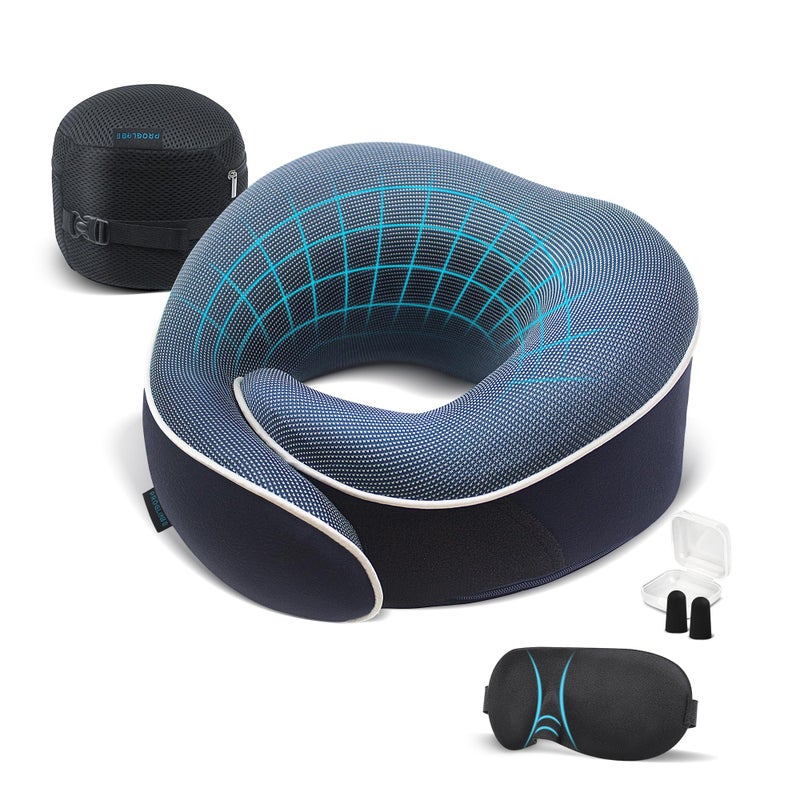 Proglobe Orthopedic Neck Pillow Travel Neck Pillows for Airplanes, Memory Foam Kit, Updated Resting Material, Airplane Travel Set with 3D Contoured Eye Masks, Earplugs, and Luxury Mesh Bag (Blue) - Image 5