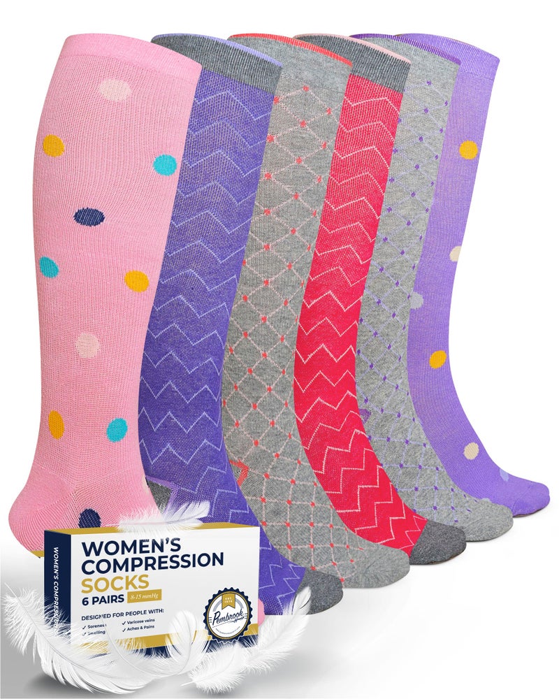 Pembrook Light Compression Socks for Women - 6 Pairs |8-15 mmHg | Polkadots, Zigzag, Crisscross | Soft | Graduated - Image 1