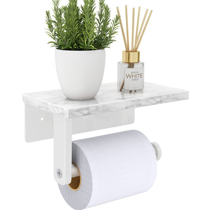 TOILET PAPER HOLDER WITH NATURAL MARBLE SHELF 304 STAINLESS STEEL SCREW WALL MOUNTED TISSUE ROLL PAPER HOLDER DISPENSER FOR BATHROOM WASHROOM WHITE