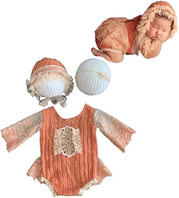 CUTEBBPHOTO CUTEBBPHOTO Newborn Baby Girl Photography Props Newborn Photoshoot Romper Outfits Bodysuit & Hat & Floral Headband  - Image 1