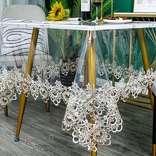 Jeloris Plastic Clear Rectangle Tablecloth Vinyl PVC Waterproof Tablecloth Embroidered Lace Edge Transparent Table Cover for Kitchen Dining Coffee Table (43x62 inch, Khaki Flora) - Image 1