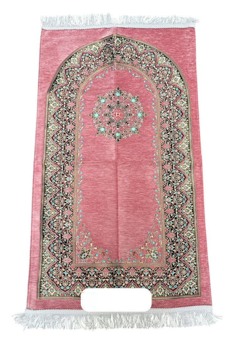 Sky Shine Zümrüt Luxury Turkish Prayer Rug – Soft Velvet Islamic Prayer Mat – Rose Pink Muslim Janamaz with Elegant Floral Pattern & Tassels – Lightweight & Travel Friendly - Image 1