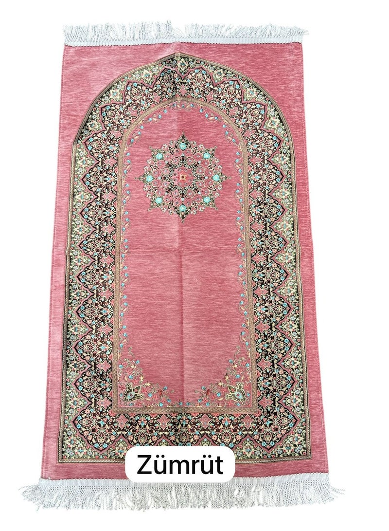 Sky Shine Zümrüt Luxury Turkish Prayer Rug – Soft Velvet Islamic Prayer Mat – Rose Pink Muslim Janamaz with Elegant Floral Pattern & Tassels – Lightweight & Travel Friendly - Image 2
