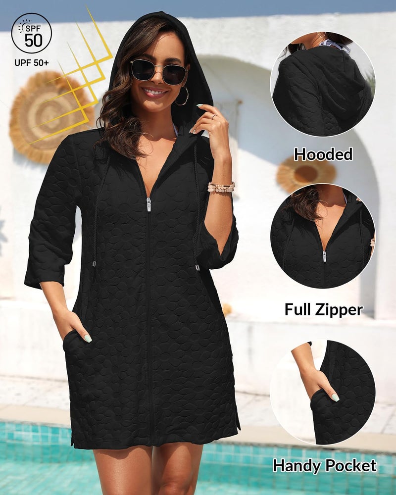 Yonique Terry Cloth Cover Up - Long Sleeve Cover Swimsuit Hooded Zipper Beach Cover-up with Pockets Black L - Image 4