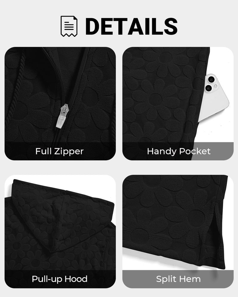 Yonique Terry Cloth Cover Up - Long Sleeve Cover Swimsuit Hooded Zipper Beach Cover-up with Pockets Black L - Image 5