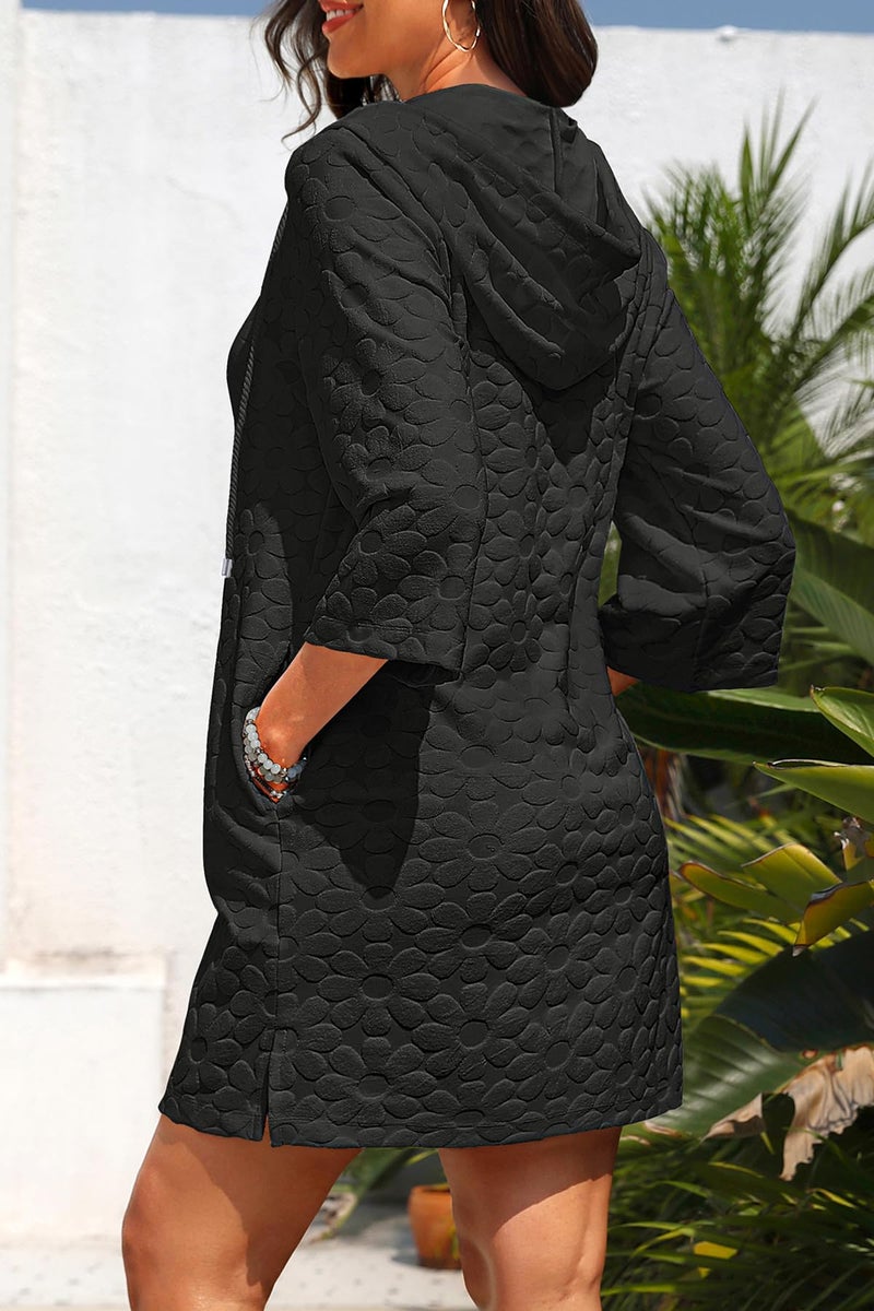 Yonique Terry Cloth Cover Up - Long Sleeve Cover Swimsuit Hooded Zipper Beach Cover-up with Pockets Black L - Image 2