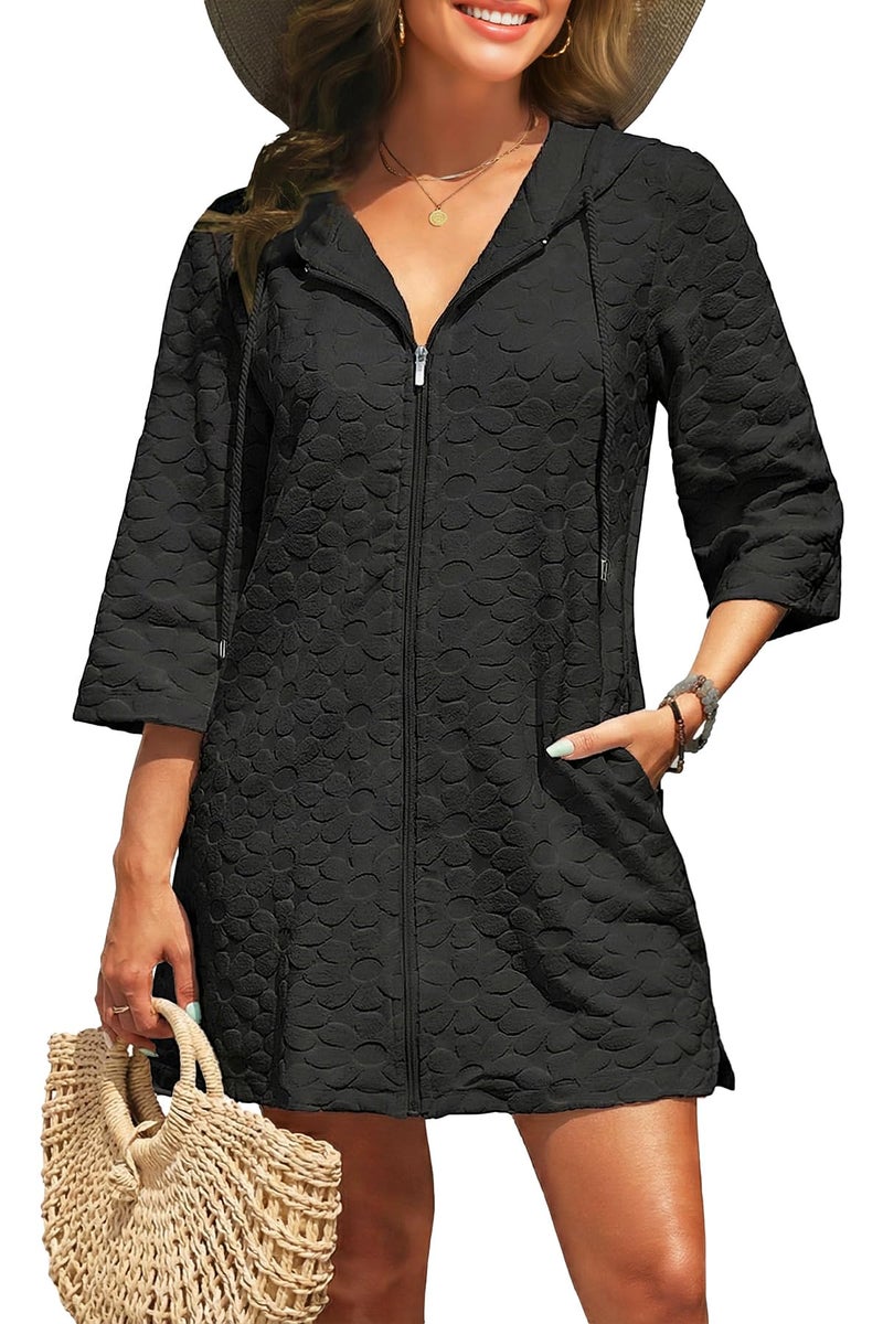 Yonique Terry Cloth Cover Up - Long Sleeve Cover Swimsuit Hooded Zipper Beach Cover-up with Pockets Black L - Image 1