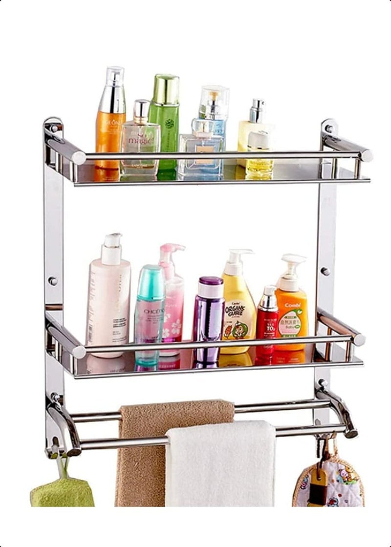Filox Double Layer Stainless Steel Shelf with Towel Rod | Wall Mounted Bathroom Rack & Kitchen Organizer | Multipurpose Storage Shelf for Toiletries, Jars, Bottles, Utensils - Image 1