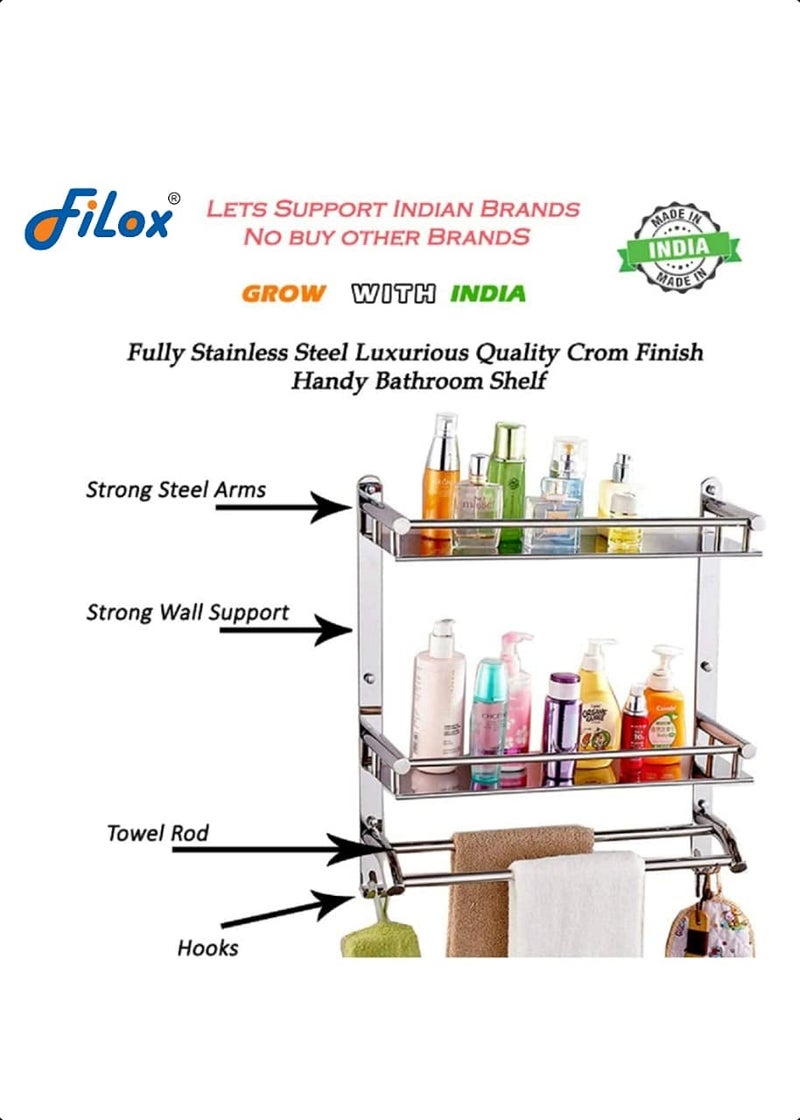 Filox Double Layer Stainless Steel Shelf with Towel Rod | Wall Mounted Bathroom Rack & Kitchen Organizer | Multipurpose Storage Shelf for Toiletries, Jars, Bottles, Utensils - Image 2