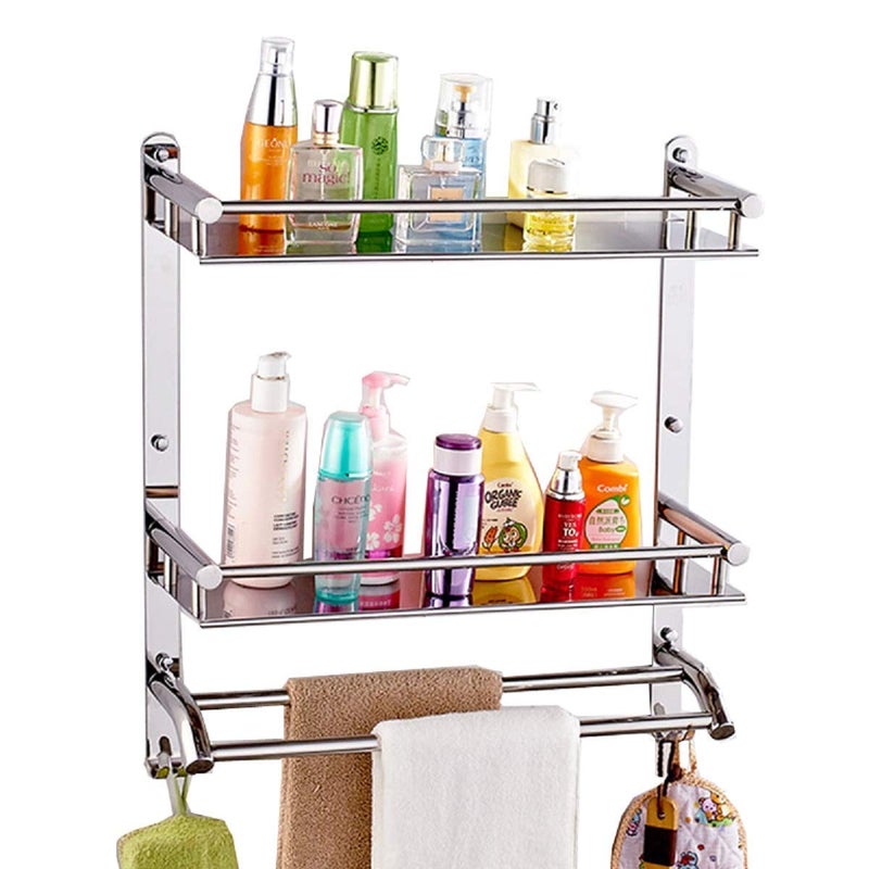 Filox Double Layer Stainless Steel Shelf with Towel Rod | Wall Mounted Bathroom Rack & Kitchen Organizer | Multipurpose Storage Shelf for Toiletries, Jars, Bottles, Utensils - Image 3