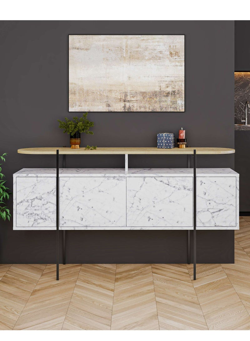 Mourah Home Hanley Console  Modern 4Door Sideboard With Sturdy Metal Legs. Spacious Storage For Living Room Office Lounge Dining Room And Hallway. Elegant Design  38X86X150 Cm Matt White Marble/Oak- 2 Years Warranty - Image 1