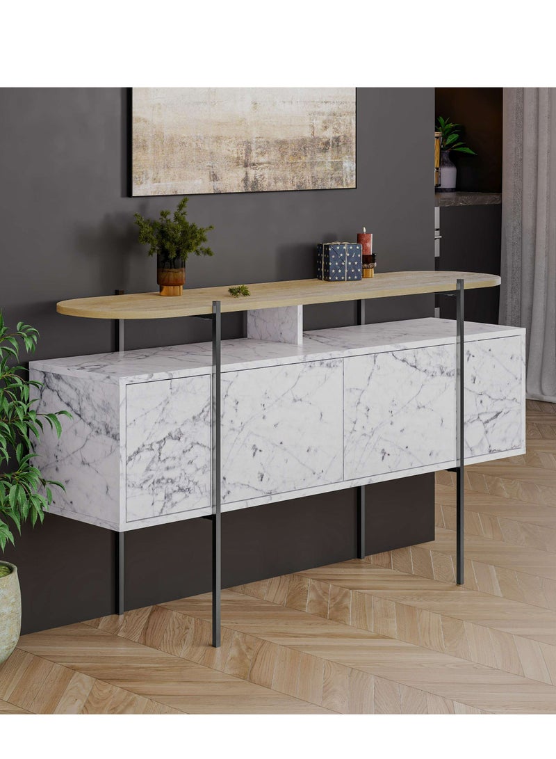 Mourah Home Hanley Console  Modern 4Door Sideboard With Sturdy Metal Legs. Spacious Storage For Living Room Office Lounge Dining Room And Hallway. Elegant Design  38X86X150 Cm Matt White Marble/Oak- 2 Years Warranty - Image 2
