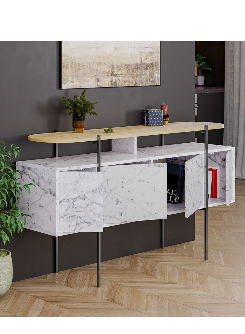 Mourah Home Hanley Console  Modern 4Door Sideboard With Sturdy Metal Legs. Spacious Storage For Living Room Office Lounge Dining Room And Hallway. Elegant Design  38X86X150 Cm Matt White Marble/Oak- 2 Years Warranty - Image 3