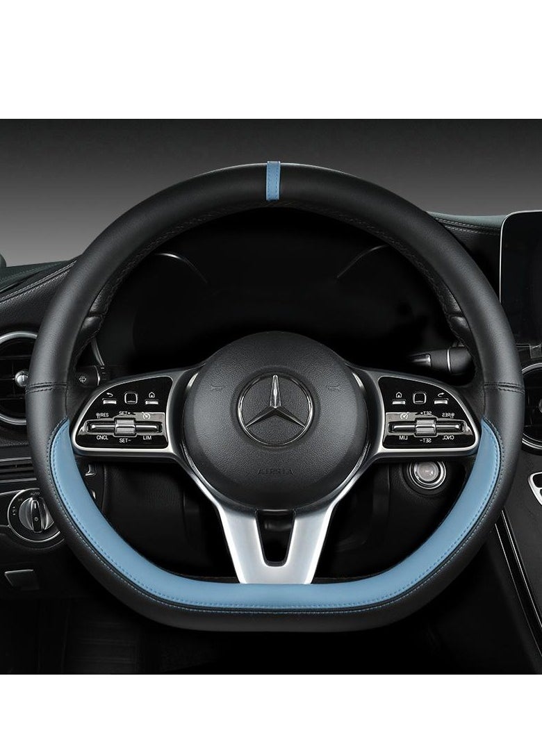 GUDOO Latest Nappa Leather Car Steering Wheel Cover Stylish Non-Slip Leather Car Interior Universal D-Shape 15 inches Black Blue  - Image 1