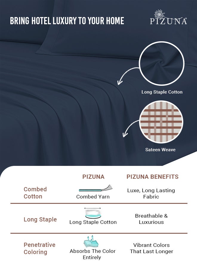 PIZUNA Pure Combed Cotton Bed Sheet Set King Size Dark Blue, 400 Thread Count Cozy Luxury 100% Long Staple Cotton Sateen Weave Bedsheet Set (1 Flat Sheet, 1 Fitted Sheet, 2 Pillowcases) - Image 2