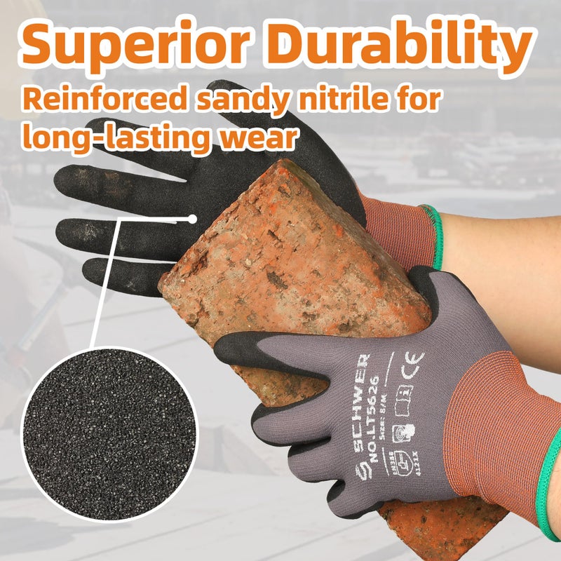 Schwer 6 Pairs Safety Work Gloves Sandy Nitrile Coated LT5626, Level 6 Abrasion Resistant (Certified) Heavy Duty Working Gloves with Grip for Men Women, Touch-Screen, for Mechanic, Construction, L - Image 2