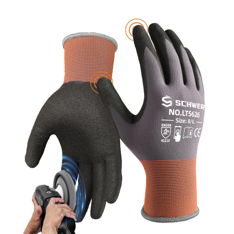 Schwer 6 Pairs Safety Work Gloves Sandy Nitrile Coated LT5626, Level 6 Abrasion Resistant (Certified) Heavy Duty Working Gloves with Grip for Men Women, Touch-Screen, for Mechanic, Construction, L - Image 1