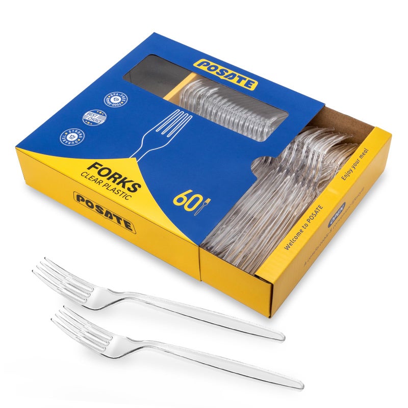 POSATE Heavy Duty Plastic Forks Clear Disposable Pack of 60