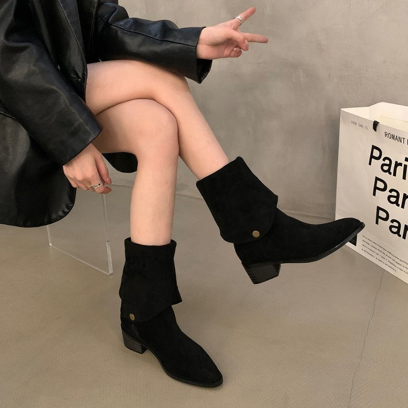 Frosted Suede Two-Wear Pile Boots For Outdoor Western Cowboy Boots V-Mouth Long Barrel Knight Boots - Image 3