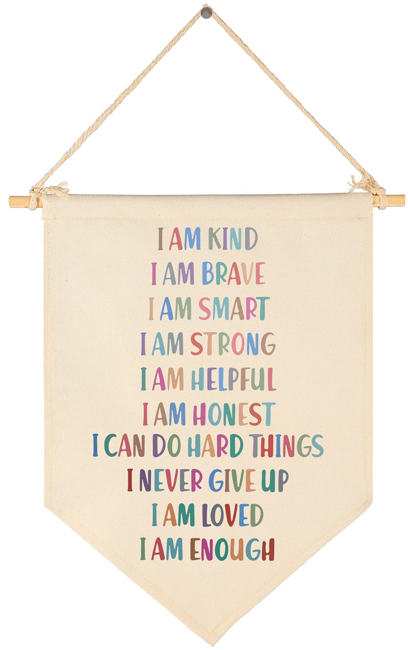 I Am Kind I Am Brave I Am Smart Kid Affirmation Gift Canvas Hanging Pennant Flag Banner Wall Sign Decor Gift for Nursery Baby Kids Girl Boy Teen Bedroom Playroom Front Door Christmas Gift