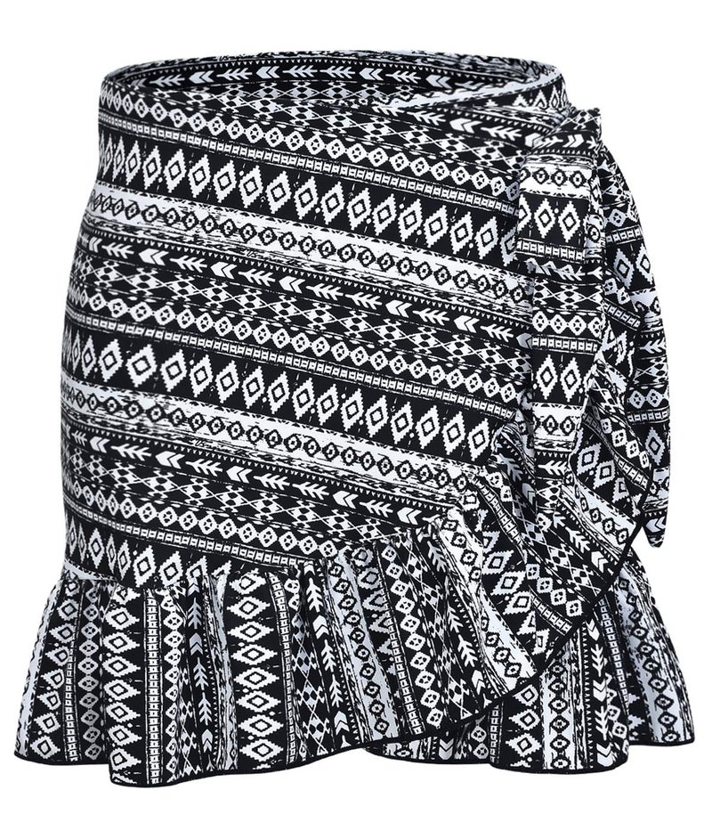 ChinFun UPF 50+ Women's Ruffle Sarongs Beach Wrap Cover Up Swimwear Bikini Bottoms High Waisted Tankini Swim Skirts Swimdress Black Folk Design Size XS-S - Image 1