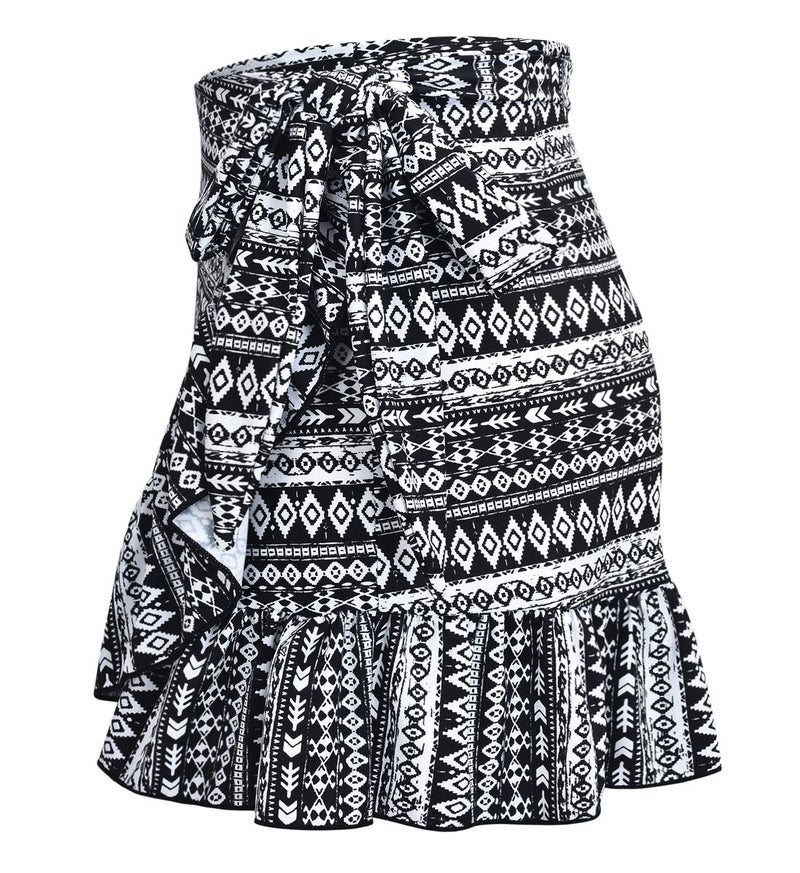 ChinFun UPF 50+ Women's Ruffle Sarongs Beach Wrap Cover Up Swimwear Bikini Bottoms High Waisted Tankini Swim Skirts Swimdress Black Folk Design Size XS-S - Image 3